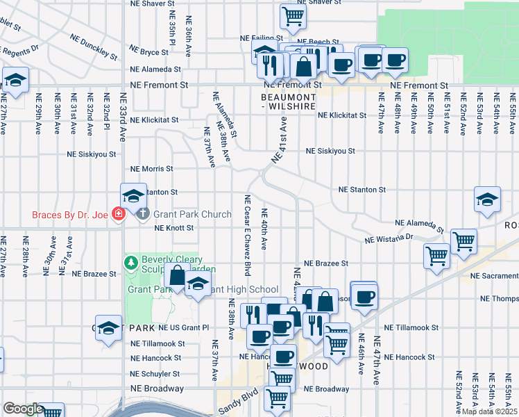 map of restaurants, bars, coffee shops, grocery stores, and more near 2825 Northeast 40th Avenue in Portland