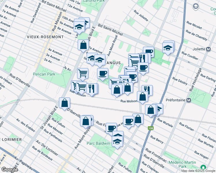 map of restaurants, bars, coffee shops, grocery stores, and more near 4220 Rue Augustin Frigon in Montréal