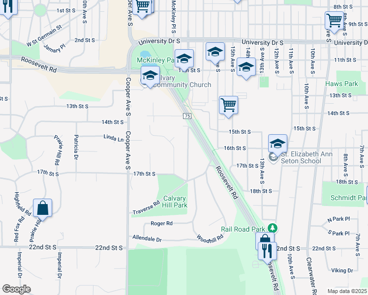 map of restaurants, bars, coffee shops, grocery stores, and more near 1511 Washington Memorial Drive in St. Cloud