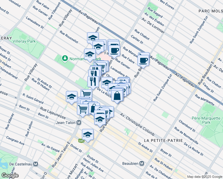 map of restaurants, bars, coffee shops, grocery stores, and more near 7048 Rue de Normanville in Montreal