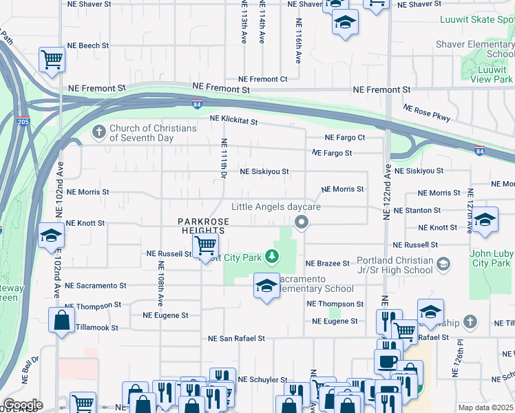 map of restaurants, bars, coffee shops, grocery stores, and more near 11400 Northeast Morris Street in Portland