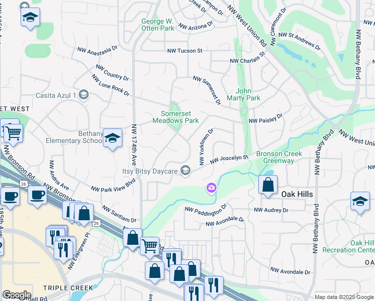 map of restaurants, bars, coffee shops, grocery stores, and more near 3273 Northwest Ashland Drive in Beaverton