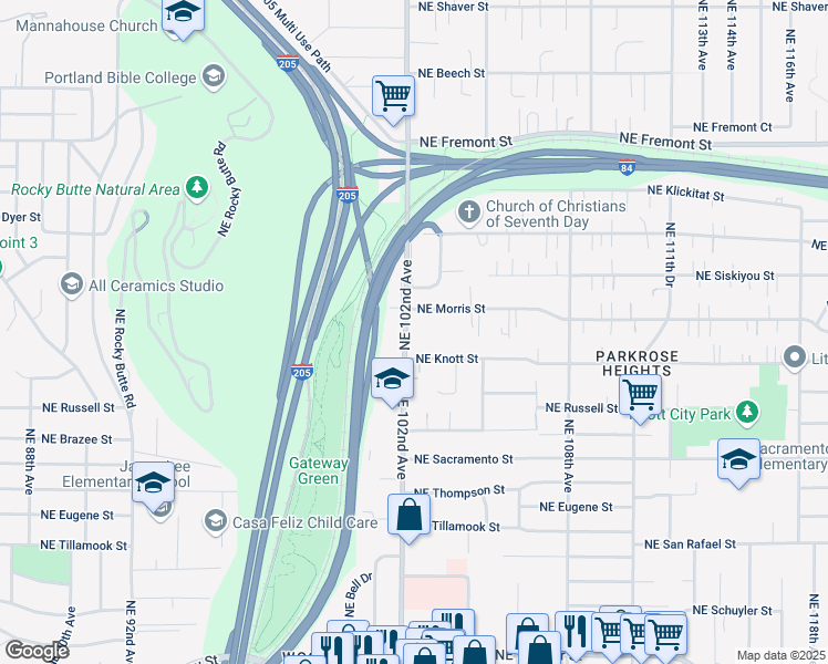 map of restaurants, bars, coffee shops, grocery stores, and more near 2848 Northeast 102nd Avenue in Portland