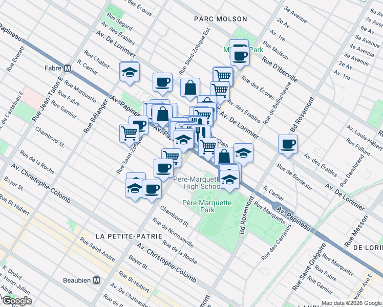 map of restaurants, bars, coffee shops, grocery stores, and more near 6448 Avenue Papineau in Montréal