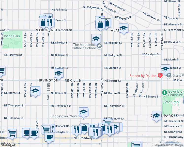 map of restaurants, bars, coffee shops, grocery stores, and more near 2806 Northeast 22nd Avenue in Portland
