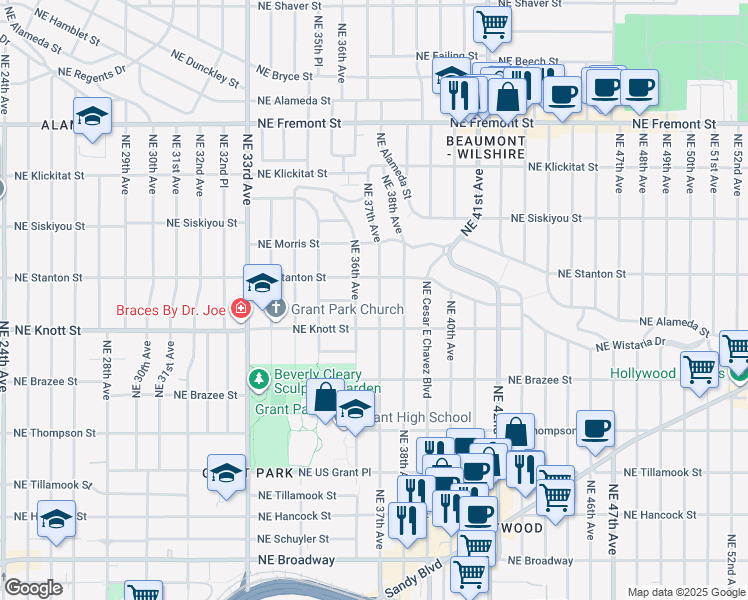 map of restaurants, bars, coffee shops, grocery stores, and more near 2805 Northeast 37th Avenue in Portland