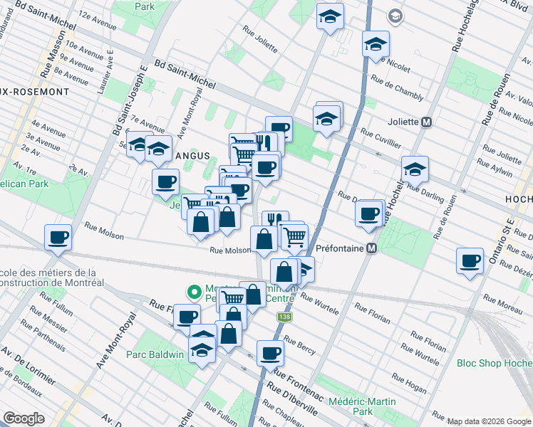 map of restaurants, bars, coffee shops, grocery stores, and more near 3100 Rue Rachel Est in Montréal