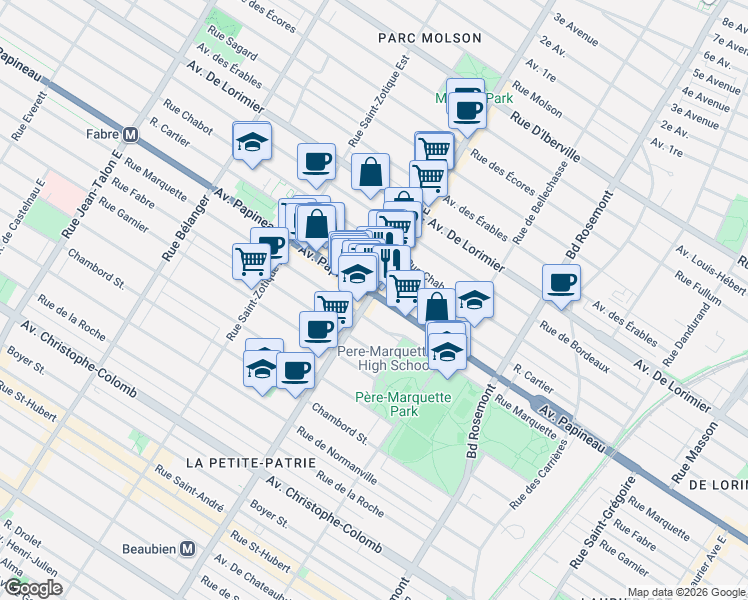 map of restaurants, bars, coffee shops, grocery stores, and more near 6448 Avenue Papineau in Montréal
