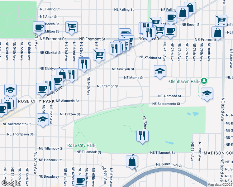 map of restaurants, bars, coffee shops, grocery stores, and more near 2805 Northeast 68th Avenue in Portland