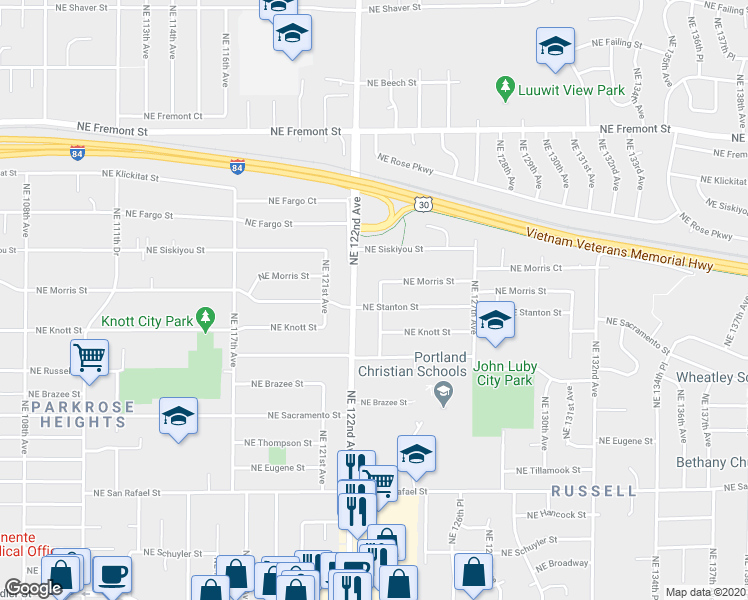 map of restaurants, bars, coffee shops, grocery stores, and more near 12245 Northeast Stanton Street in Portland