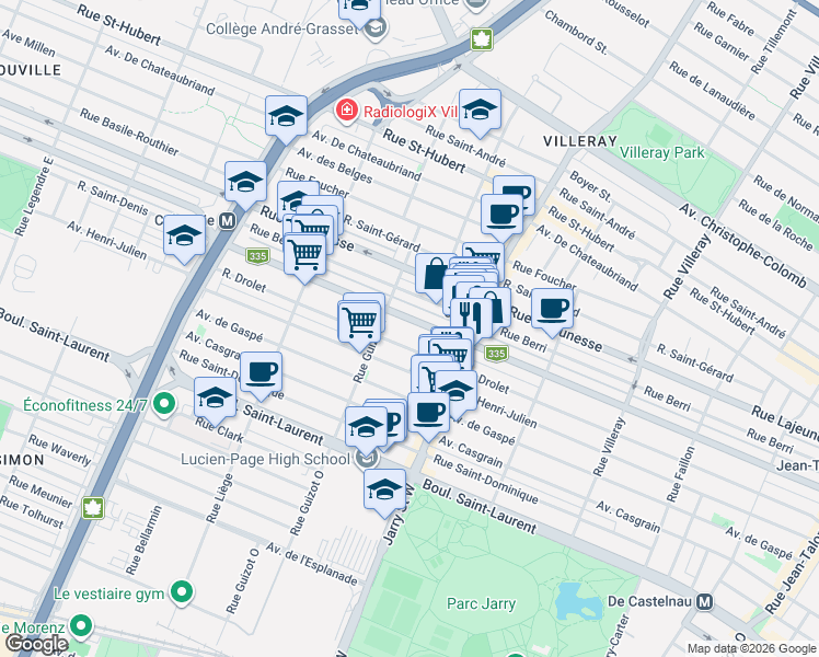 map of restaurants, bars, coffee shops, grocery stores, and more near 8242 Rue Saint-Denis in Montréal