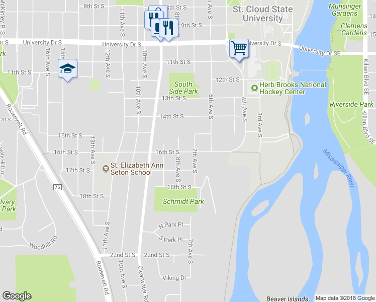map of restaurants, bars, coffee shops, grocery stores, and more near 1533 16th Street South in St. Cloud