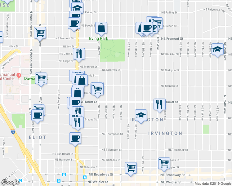map of restaurants, bars, coffee shops, grocery stores, and more near 2802 Northeast 9th Avenue in Portland