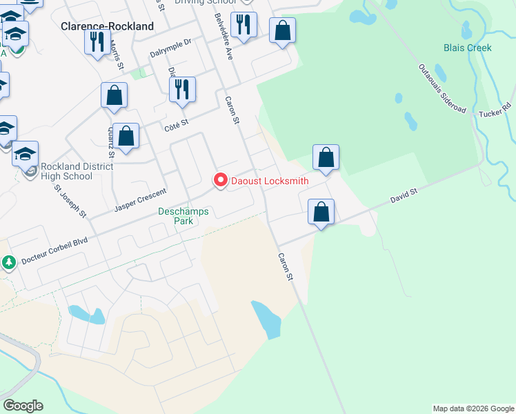 map of restaurants, bars, coffee shops, grocery stores, and more near 184 Opale Street in Clarence-Rockland