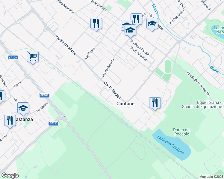 map of restaurants, bars, coffee shops, grocery stores, and more near 18 Via 1° Maggio in Nerviano