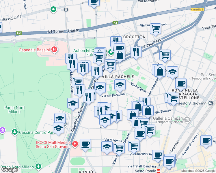 map of restaurants, bars, coffee shops, grocery stores, and more near 16 Via R. Giovagnoli in Cinisello Balsamo