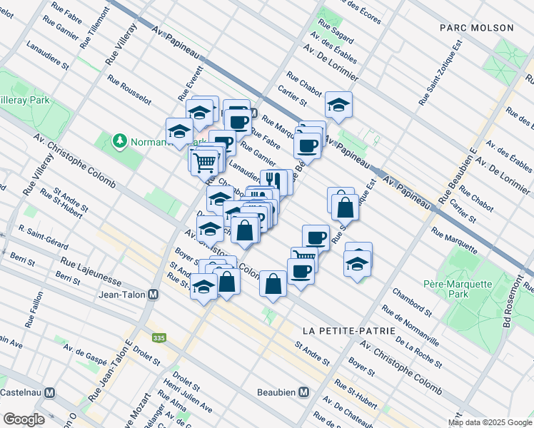 map of restaurants, bars, coffee shops, grocery stores, and more near 1297 Rue Bélanger in Montréal