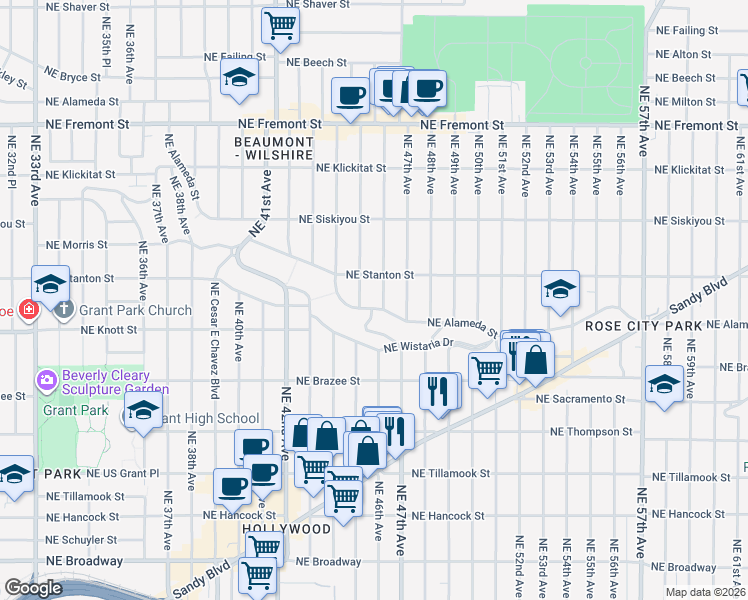 map of restaurants, bars, coffee shops, grocery stores, and more near 4523 Northeast Alameda Street in Portland