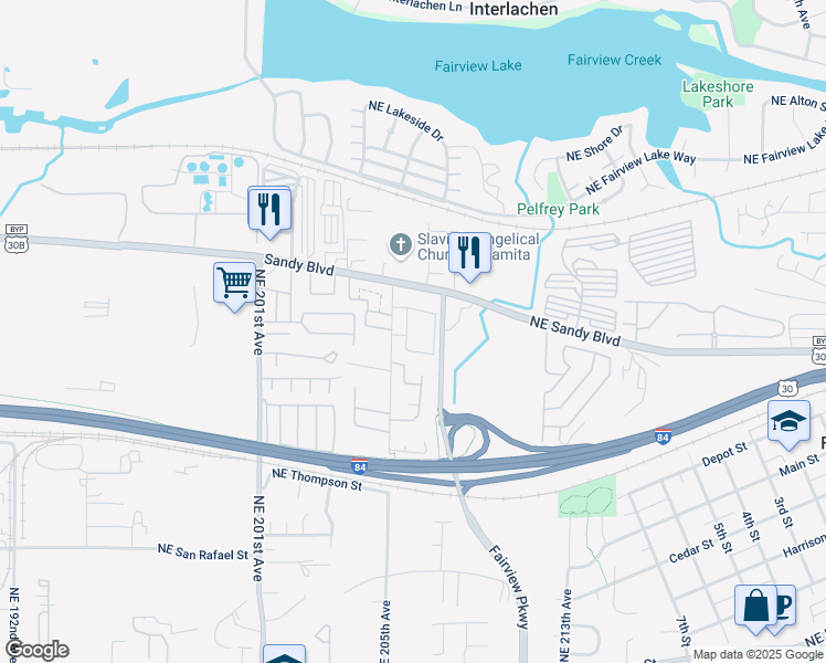 map of restaurants, bars, coffee shops, grocery stores, and more near 2734 Northeast 205th Avenue in Fairview