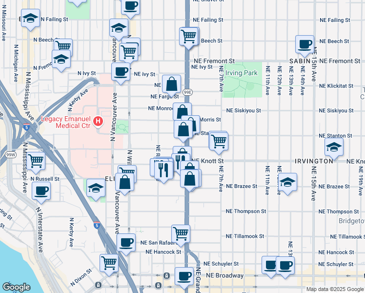 map of restaurants, bars, coffee shops, grocery stores, and more near 307 Northeast Graham Street in Portland