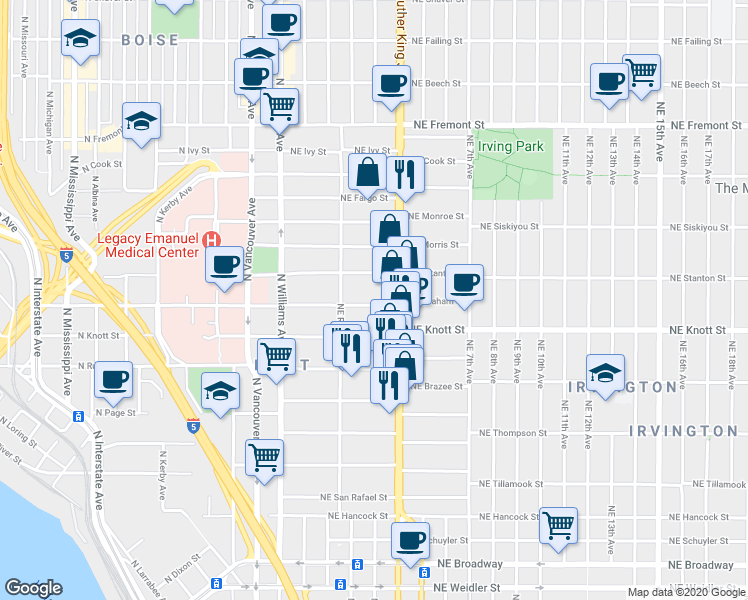 map of restaurants, bars, coffee shops, grocery stores, and more near 307 Northeast Graham Street in Portland