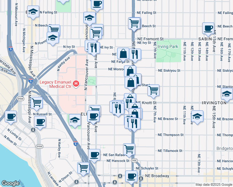 map of restaurants, bars, coffee shops, grocery stores, and more near 101 Northeast Graham Street in Portland