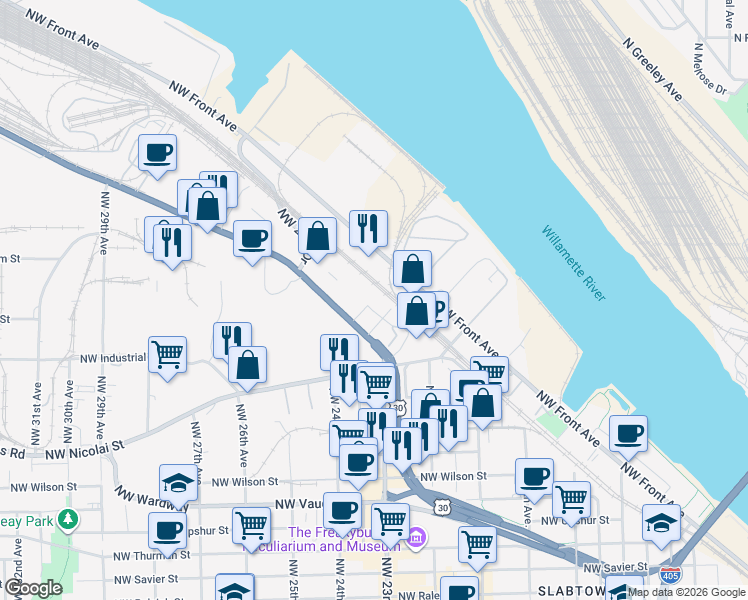 map of restaurants, bars, coffee shops, grocery stores, and more near 2760 Northwest Yeon Avenue in Portland