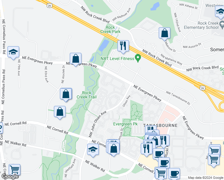 map of restaurants, bars, coffee shops, grocery stores, and more near 3021 Northeast Overlook Drive in Hillsboro
