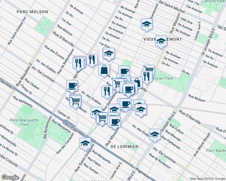 map of restaurants, bars, coffee shops, grocery stores, and more near in Montreal
