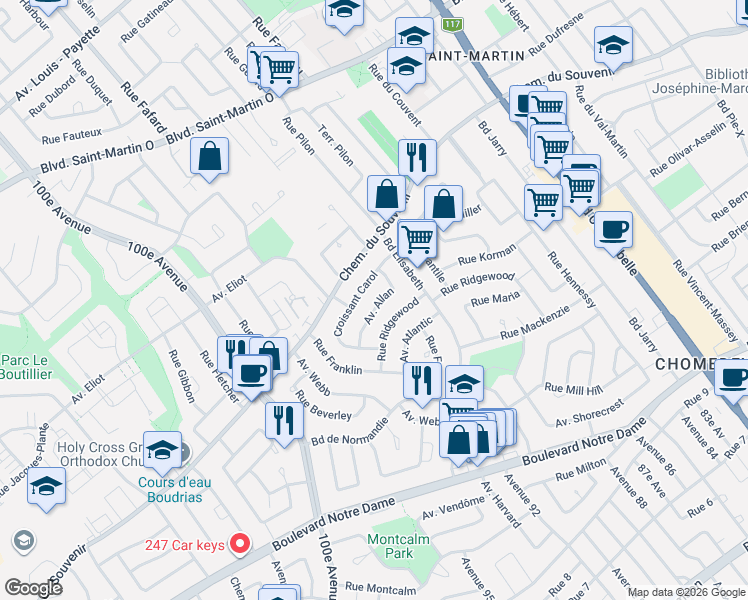 map of restaurants, bars, coffee shops, grocery stores, and more near 1325 Avenue Allan in Laval