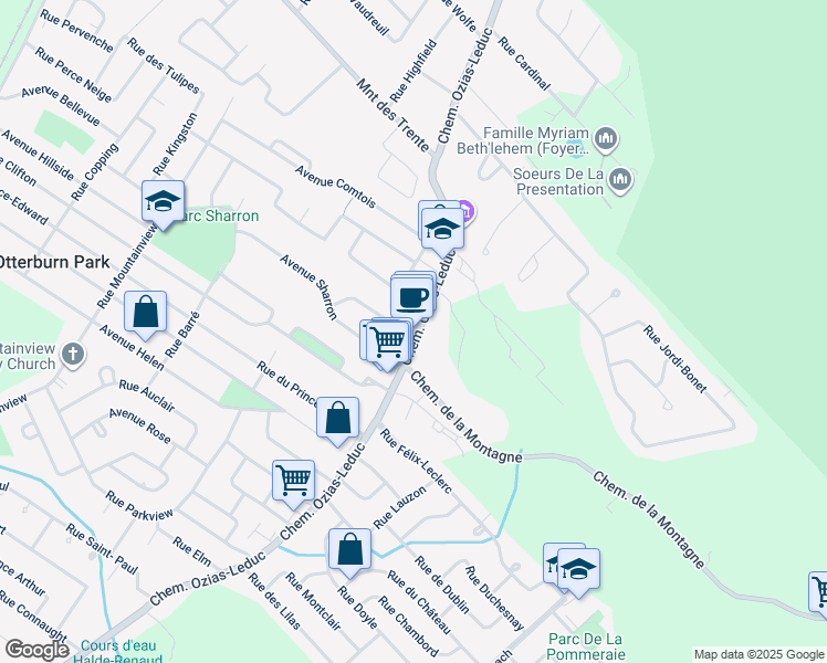 map of restaurants, bars, coffee shops, grocery stores, and more near 433 Chemin Ozias-Leduc in Otterburn Park