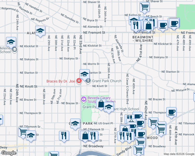 map of restaurants, bars, coffee shops, grocery stores, and more near 2801 Northeast 35th Place in Portland