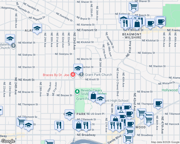 map of restaurants, bars, coffee shops, grocery stores, and more near 2801 Northeast 35th Place in Portland