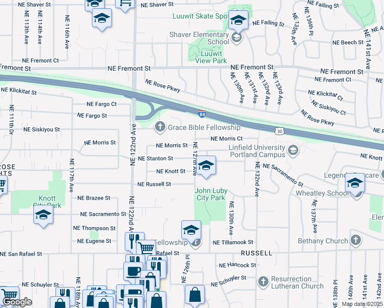map of restaurants, bars, coffee shops, grocery stores, and more near 12635 Northeast Stanton Street in Portland