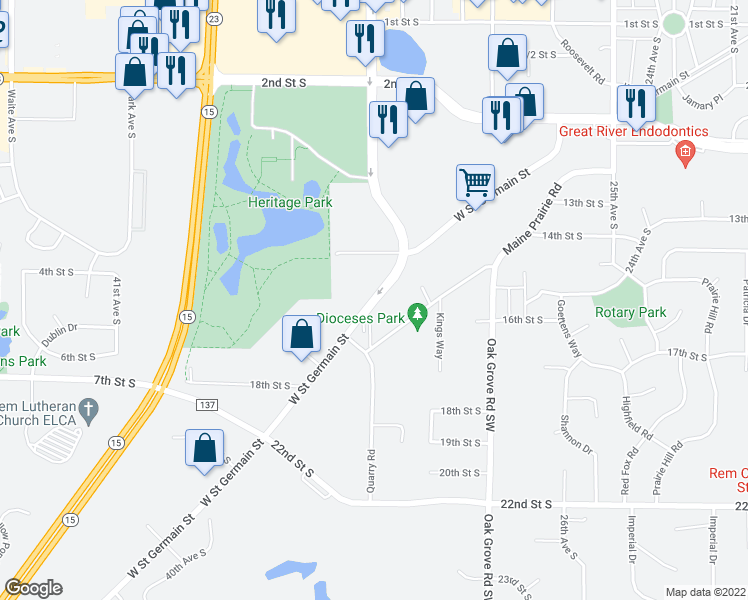map of restaurants, bars, coffee shops, grocery stores, and more near 3341 West Saint Germain Street in St. Cloud