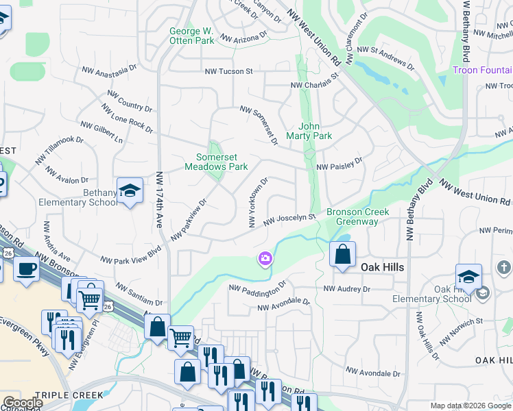 map of restaurants, bars, coffee shops, grocery stores, and more near 16808 Northwest Yorktown Drive in Beaverton