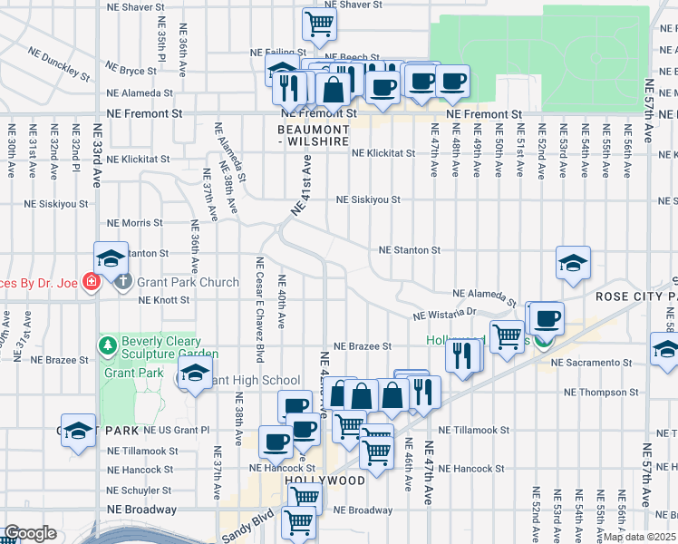map of restaurants, bars, coffee shops, grocery stores, and more near 4246 Northeast Wistaria Drive in Portland