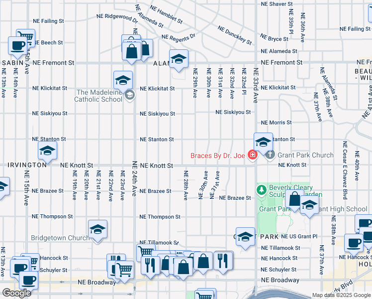 map of restaurants, bars, coffee shops, grocery stores, and more near 2814 Northeast 28th Avenue in Portland