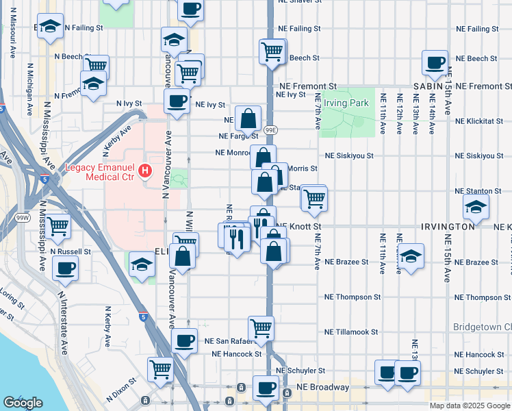map of restaurants, bars, coffee shops, grocery stores, and more near 307 Northeast Graham Street in Portland