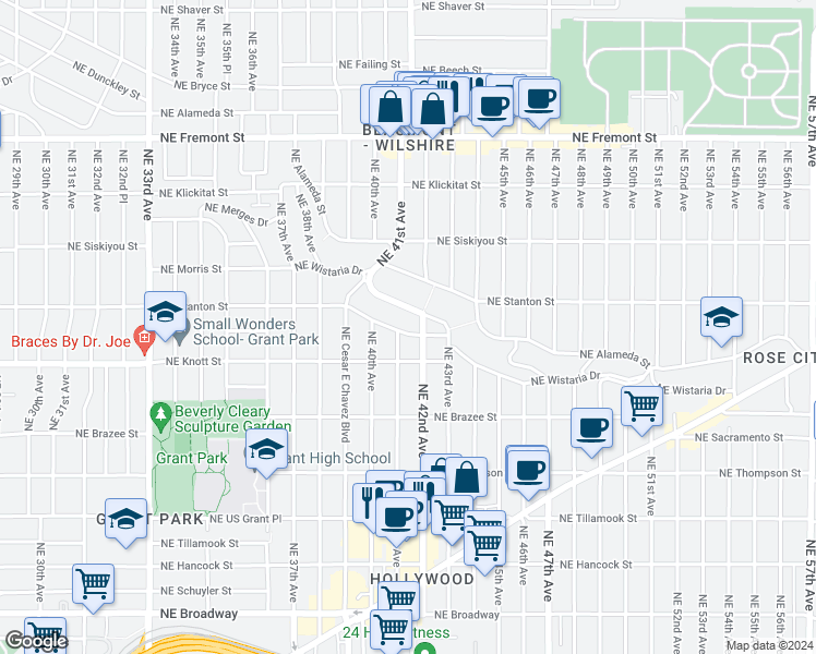 map of restaurants, bars, coffee shops, grocery stores, and more near 4105 Northeast Stanton Street in Portland