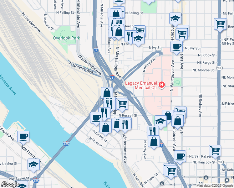 map of restaurants, bars, coffee shops, grocery stores, and more near 845 North Graham Street in Portland