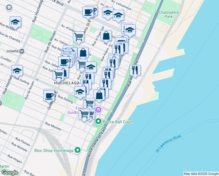 map of restaurants, bars, coffee shops, grocery stores, and more near 3580 Rue Sainte-Catherine Est in Montréal