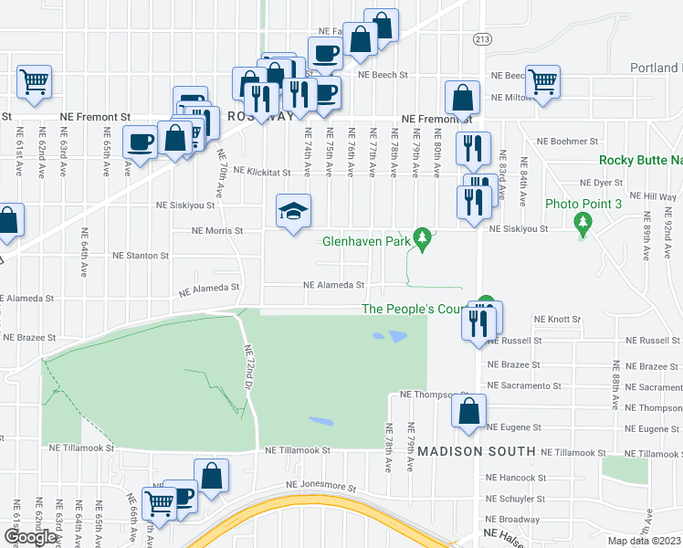 map of restaurants, bars, coffee shops, grocery stores, and more near Northeast 76th Avenue in Portland