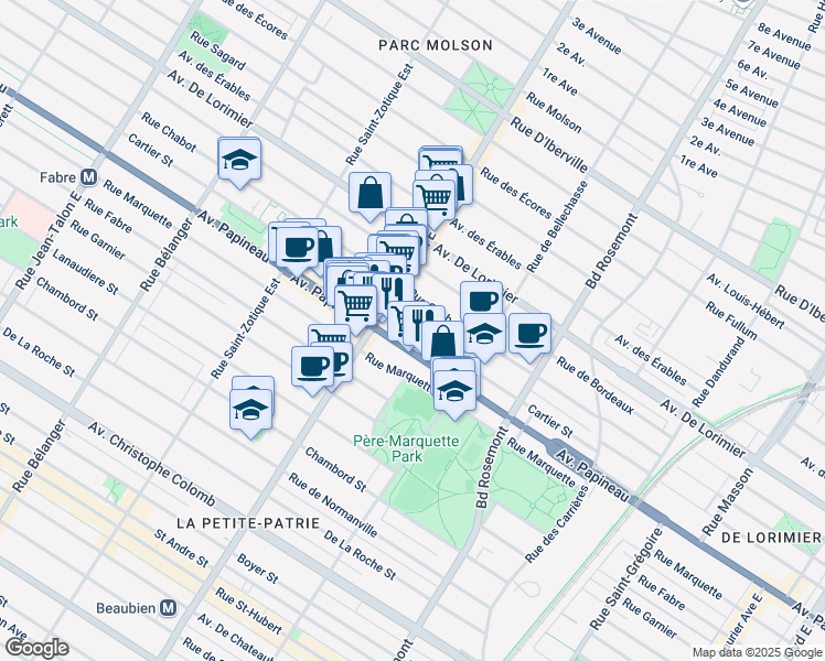 map of restaurants, bars, coffee shops, grocery stores, and more near Rue Cartier in Montréal