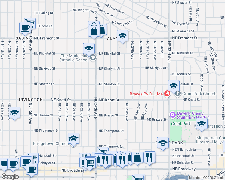 map of restaurants, bars, coffee shops, grocery stores, and more near 2816 Northeast 26th Avenue in Portland