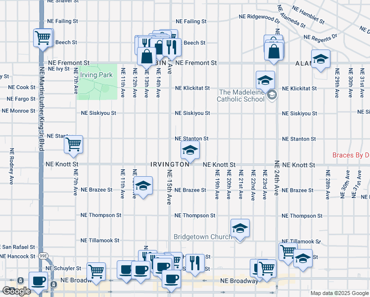 map of restaurants, bars, coffee shops, grocery stores, and more near 2814 Northeast 16th Avenue in Portland