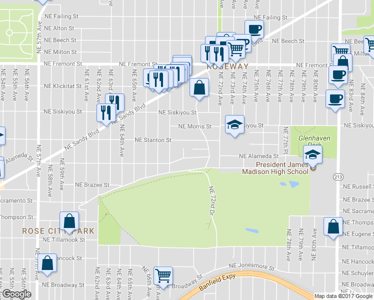 map of restaurants, bars, coffee shops, grocery stores, and more near 2828 Northeast 69th Avenue in Portland