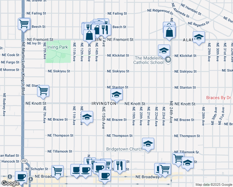 map of restaurants, bars, coffee shops, grocery stores, and more near 2814 Northeast 16th Avenue in Portland