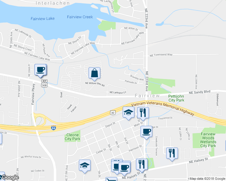 map of restaurants, bars, coffee shops, grocery stores, and more near 21823 Northeast Larkspur Lane in Fairview