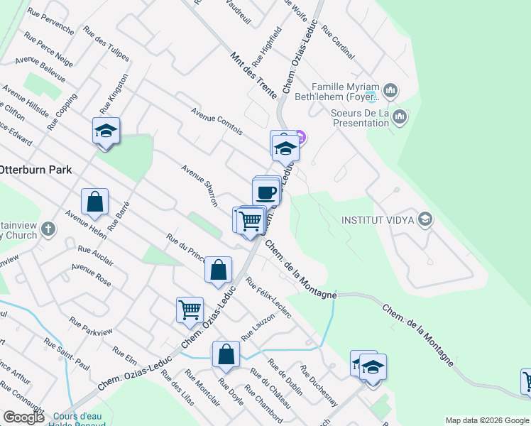 map of restaurants, bars, coffee shops, grocery stores, and more near 433 Chemin Ozias-Leduc in Otterburn Park